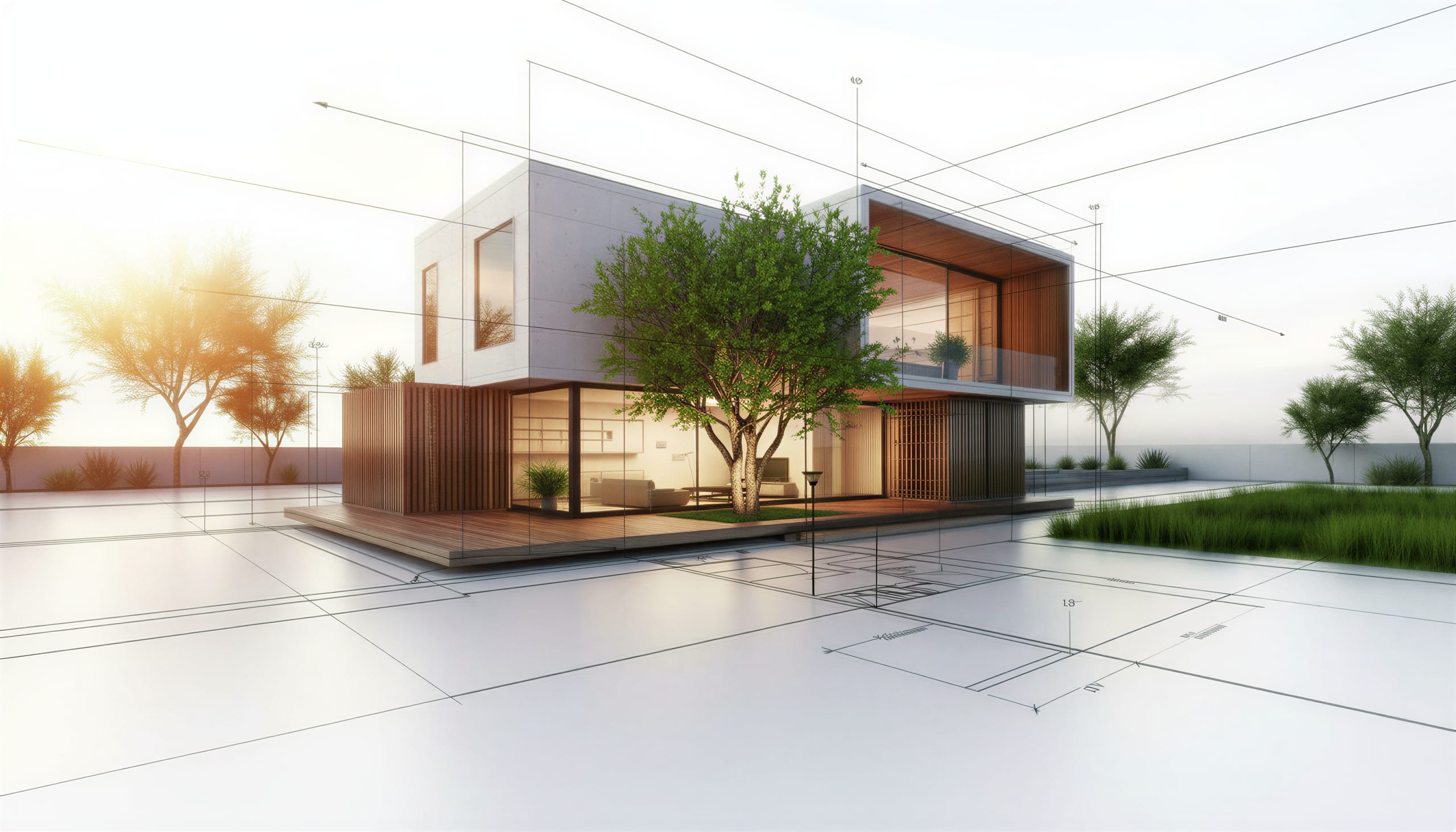 Modern home architectural render with blueprint dimensions