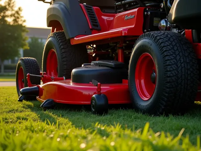 Ride-on mower cutting a residential lawn